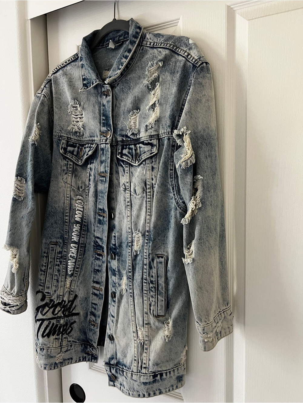 Fashion Nova Distressed Light Blue Acid Wash Denim Jacket - Picture 2 of 3